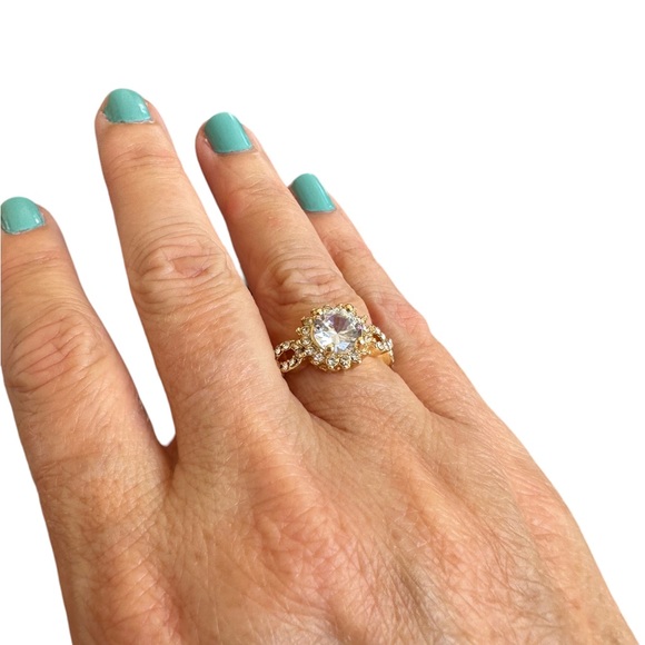 Round Cubic Zirconia with Diamond Accented Gold Ring - Picture 2 of 10